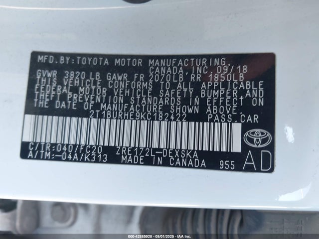 2T1BURHE9KC182422 Toyota 2zr-fe