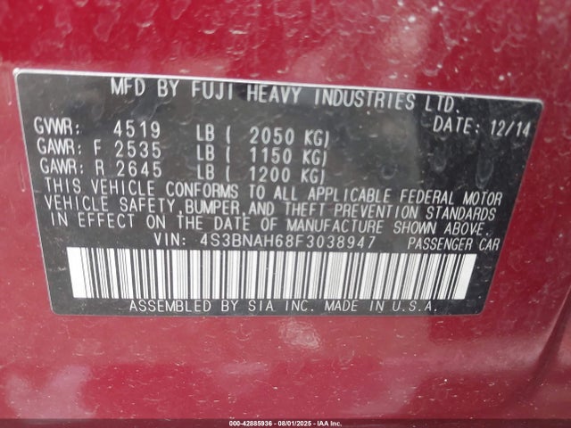 Subaru 2.5l u5 2015 4S3BNAH68F3038947 Image 9