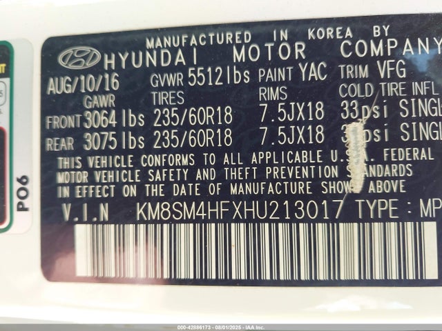 KM8SM4HFXHU213017 Hyundai gdi lambda ii