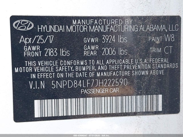5NPD84LF7JH222590 Hyundai mpi nu