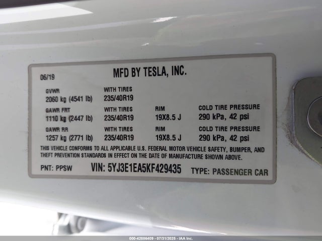 2019 TESLA MODEL 3 5YJ3E1EA5KF429435 Photo 8
