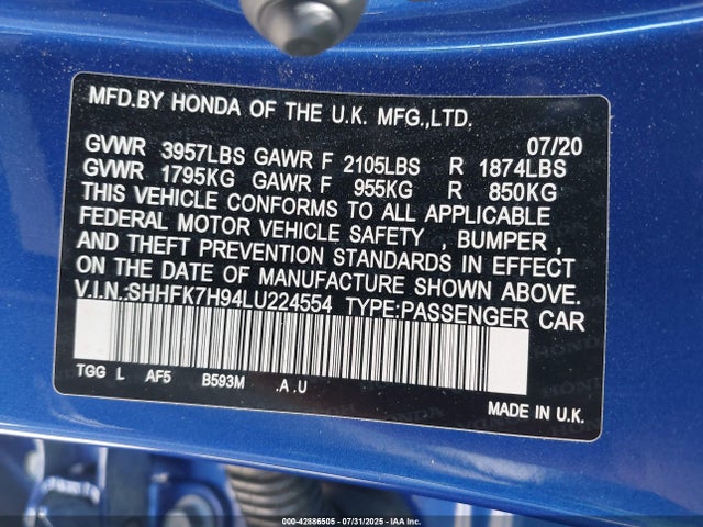 SHHFK7H94LU224554 Honda l15ba