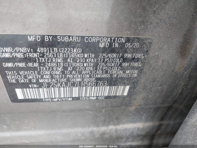 JF2SKAJC7LH566763 Subaru naturally aspirated u5
