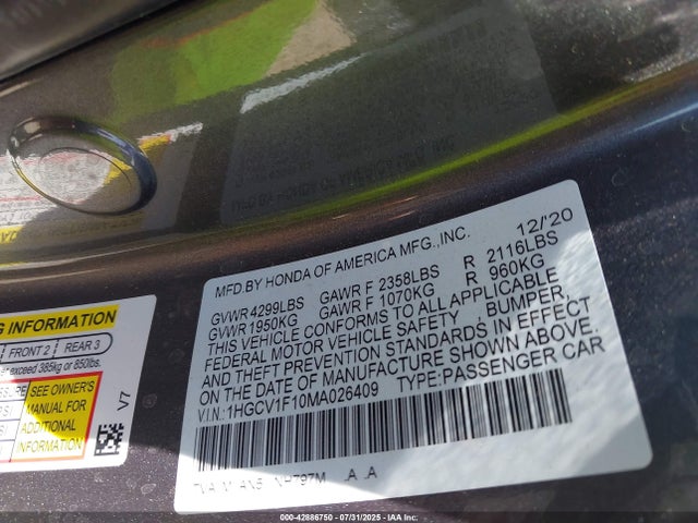 1HGCV1F10MA026409 Honda l15be