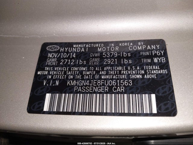 KMHGN4JE8FU061563 Hyundai gasoline 3.8 dohc mpi lambda