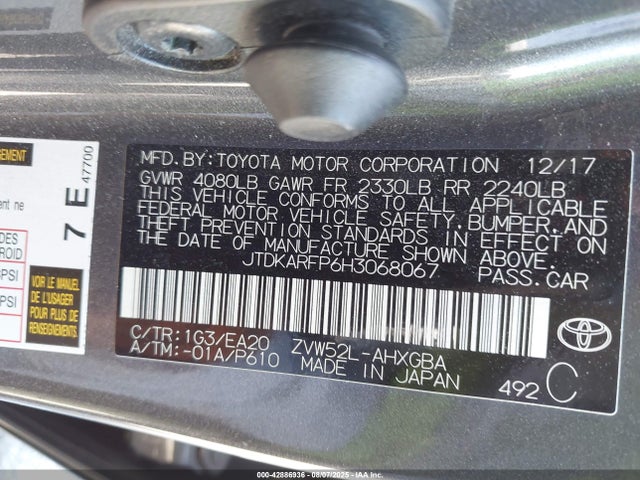 Toyota 2zr-fxe+1nm 2017 JTDKARFP6H3068067 Image 9