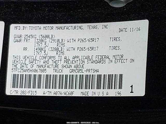 5TFCZ5AN5HX067805 Toyota 2gr-fks