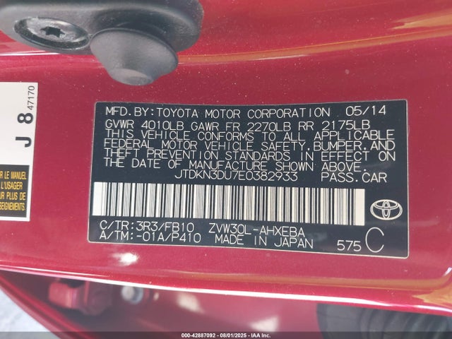 Toyota 2zr-fxe+3jm 2014 JTDKN3DU7E0382933 Image 9