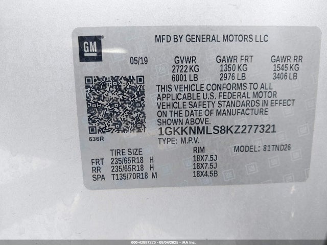 1GKKNMLS8KZ277321 GMC lgx - direct injection, variable valve timing, alum, gen 2