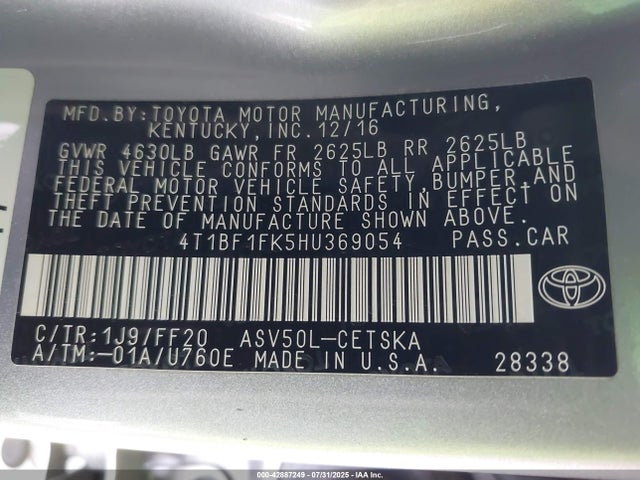 Toyota 2ar-fe 2017 4T1BF1FK5HU369054 Image 9