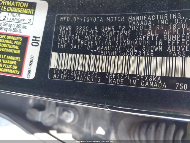 2T1BURHE5JC073146 Toyota 2zr-fe