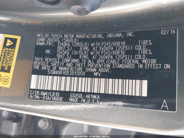 Toyota 2gr-fe 2014 5TDKKRFH2ES012059 Image 9