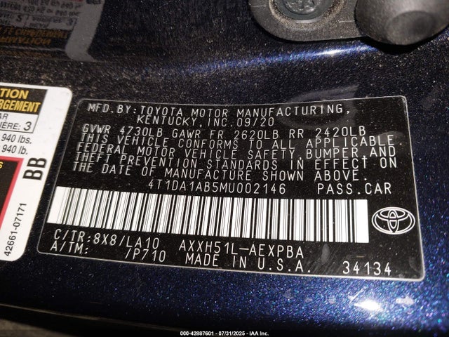 Toyota a25a-fxs, 3nm 2021 4T1DA1AB5MU002146 Image 9