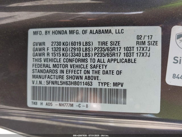 Продажа на аукционе авто 2017 Honda Odyssey Ex-l, vin: 5FNRL5H63HB011463, номер лота: 42887638