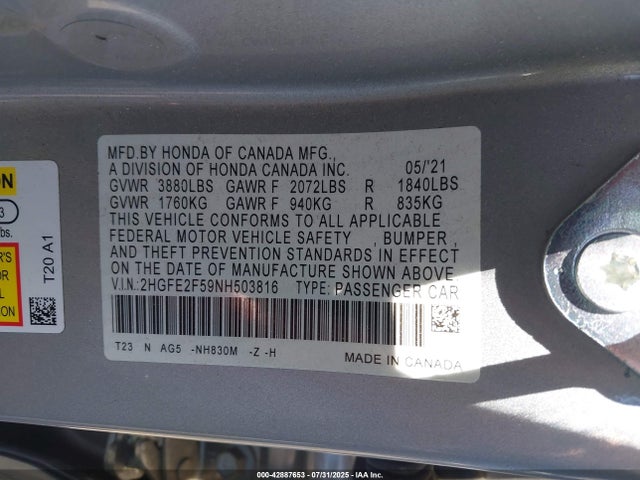 Honda k20c2 2022 2HGFE2F59NH503816 Image 9
