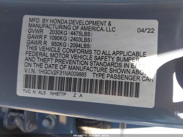 Honda k20c4 2022 1HGCV2F31NA009885 Image 9