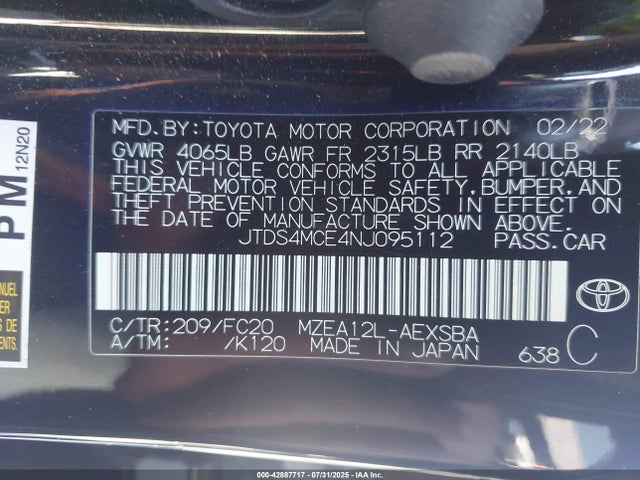 JTDS4MCE4NJ095112 Toyota m20a-fks