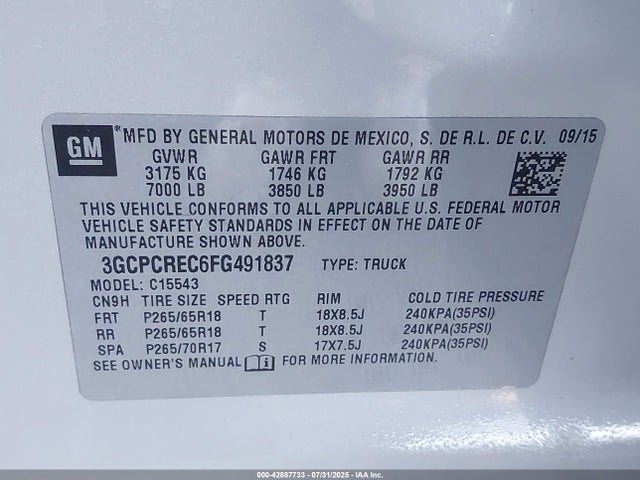 3GCPCREC6FG491837 Chevrolet l83 - vvt, active fuel management, aluminum