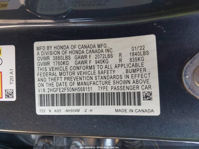 Honda k20c2 2022 2HGFE2F50NH568151 Image 9