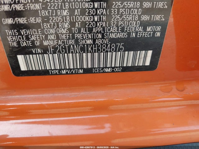 Subaru naturally aspirated 2019 JF2GTANC1KH384875 Image 9