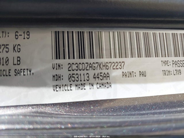 Dodge 2019 2019 2C3CDZAG7KH672237 Image 9