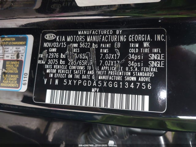 5XYPGDA5XGG134756 KIA dohc gdi lambda ii