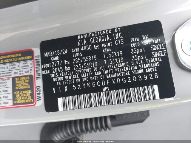 5XYK6CDFXRG203928 KIA gdi theta iii