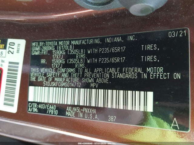 5TDJSKFC6MS014712 Toyota a25a-fxs, 5nm, 4nm