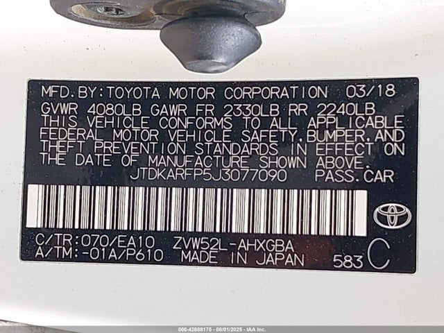 Toyota 2zr-fxe+1nm 2018 JTDKARFP5J3077090 Image 9