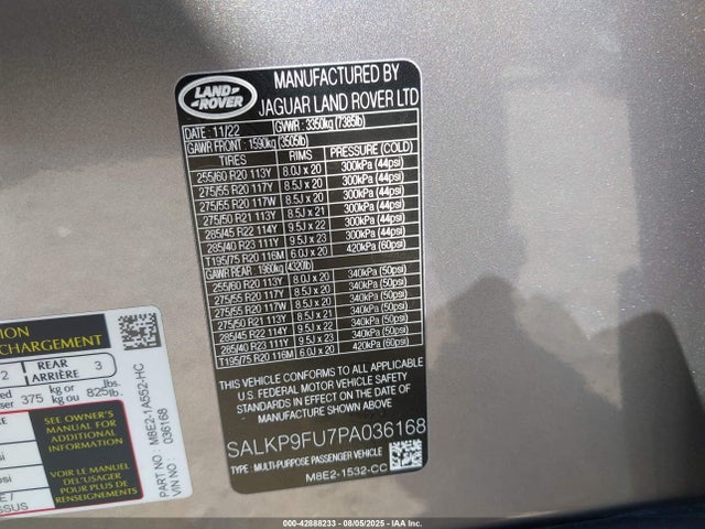 SALKP9FU7PA036168 Land Rover aj120p6h