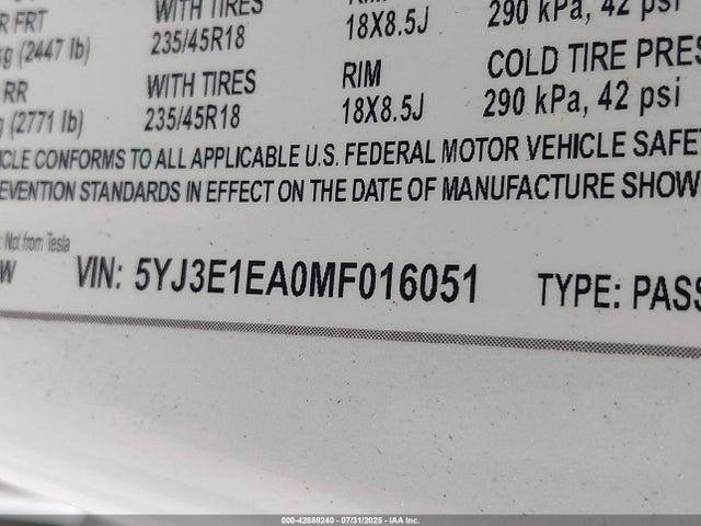 2021 TESLA MODEL 3 5YJ3E1EA0MF016051 Photo 8
