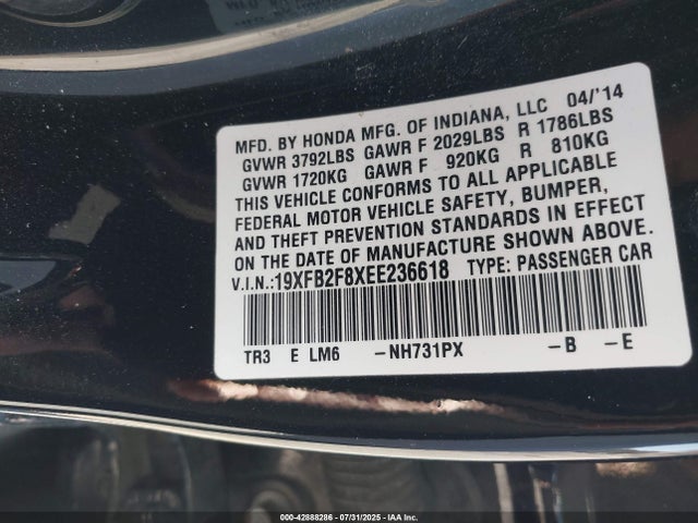 19XFB2F8XEE236618 Honda r18z1