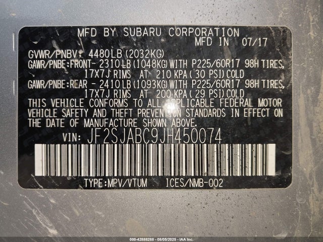 JF2SJABC9JH450074 Subaru naturally aspirated u5
