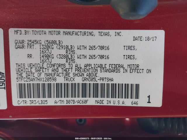5TFCZ5AN7HX120598 Toyota 2gr-fks