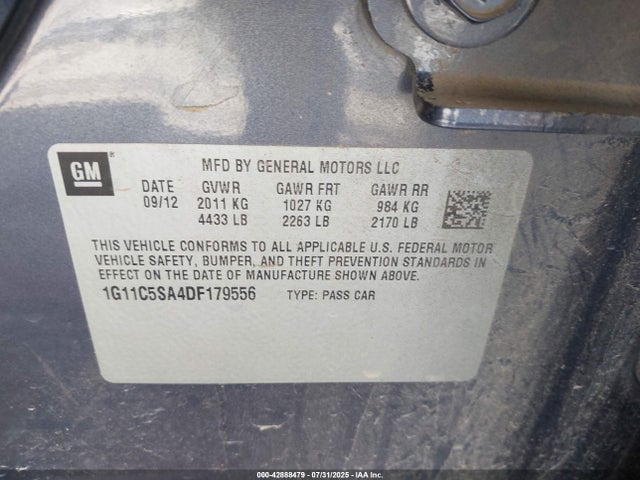 42888479 :رقم المزاد ، 1G11C5SA4DF179556 vin ، 2013 Chevrolet Malibu 1lt مزاد بيع