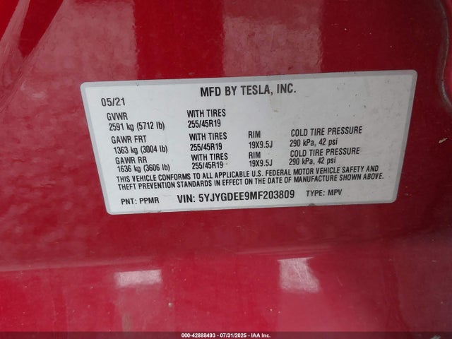 5YJYGDEE9MF203809 Tesla 2021