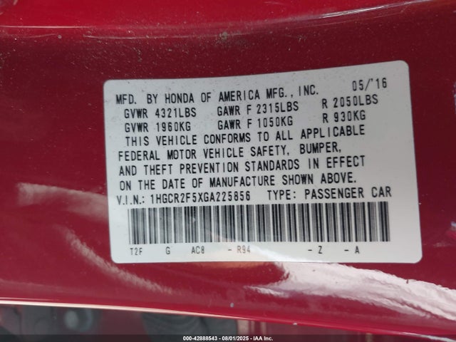 1HGCR2F5XGA225856 Honda k24w1