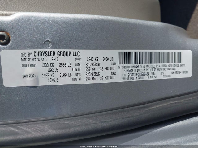 2012 Chrysler Town & Country Touring მანქანა იყიდება აუქციონზე, vin: 2C4RC1BG3CR286404, აუქციონის ნომერი: 42888606