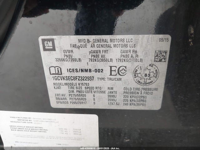 1GCVKSEC8FZ322937 Chevrolet l83 - vvt, active fuel management, aluminum