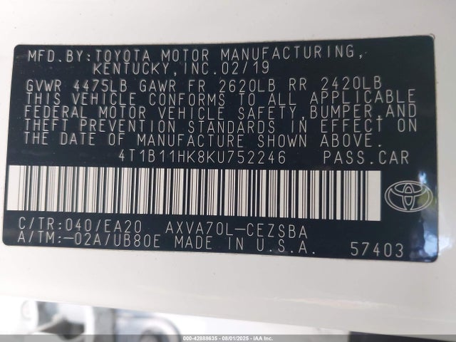 4T1B11HK8KU752246 Toyota a25a-fks