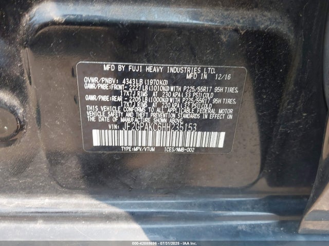 Subaru naturally aspirated 2017 JF2GPAKC6HH235153 Image 9