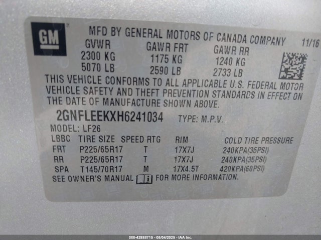 2GNFLEEKXH6241034 Chevrolet lea - sidi: spark ignited direct injection, e85 max, alum
