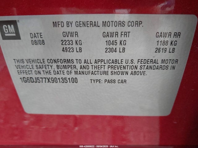 42888822 :رقم المزاد ، 1G6DJ577X90135100 vin ، 2009 Cadillac Cts Standard مزاد بيع