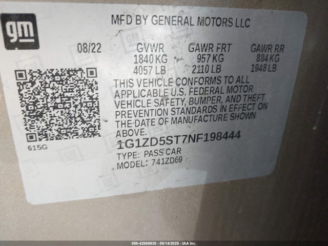 1G1ZD5ST7NF198444 Chevrolet lfv - direct injection, variable valve timing, gen 1 gmna