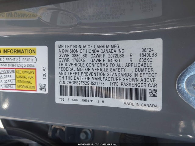 Honda k20c9 2025 2HGFE2F52SH521778 Image 9