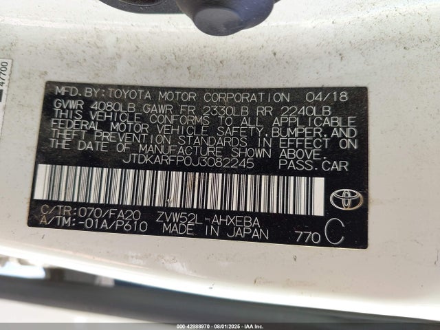 Toyota 2zr-fxe+1nm 2018 JTDKARFP0J3082245 Image 9