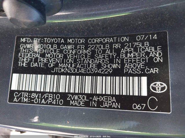 Toyota 2zr-fxe+3jm 2014 JTDKN3DU4E0394229 Image 9