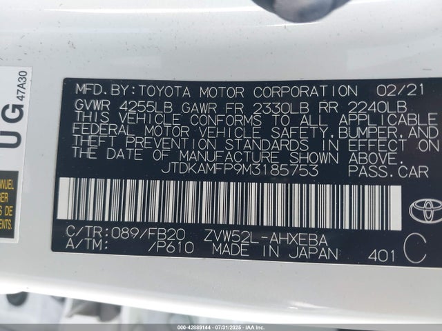 Toyota 2zr-fxe, 1nm+1sm 2021 JTDKAMFP9M3185753 Image 9