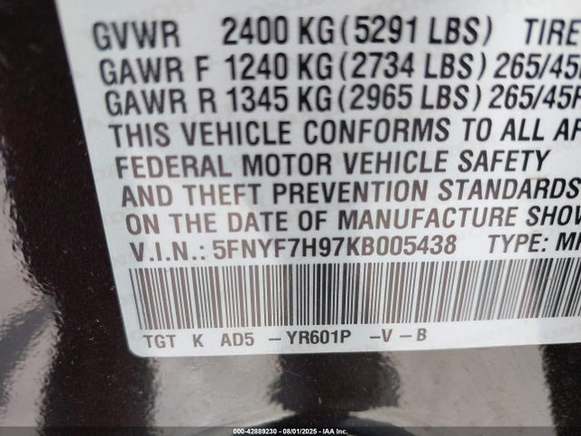 Honda j35y6 2019 5FNYF7H97KB005438 Image 9