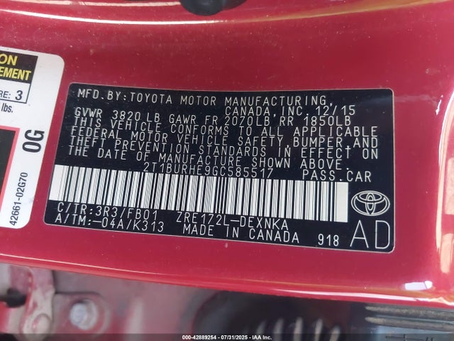 2T1BURHE9GC585517 Toyota 2zr-fe